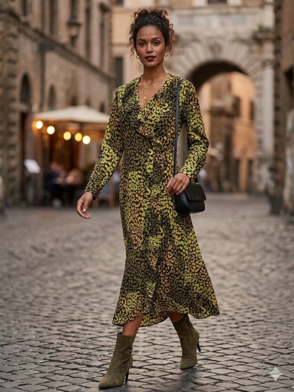 G by Giuliana Olive Green Animal-Print Wrap Midi Dress Witchy Fairy Small